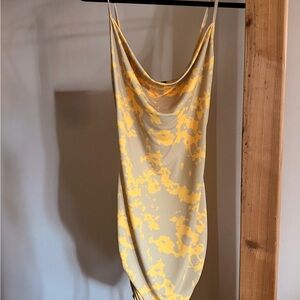 PrettyLittleThing Yellow Cloud-Print Cowl Neck Slip Dress